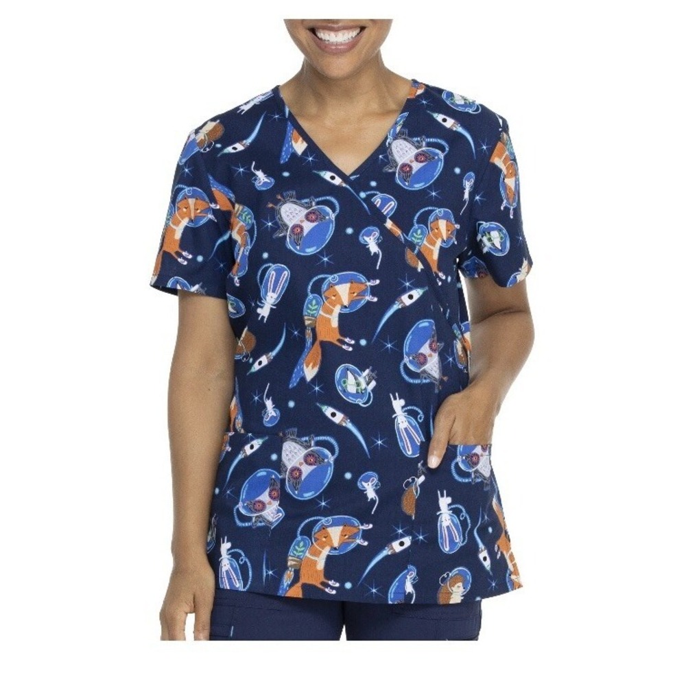 Scrubstar Scrub Top Women Medium Cosmic Creatures Mock Wrap Fox Space